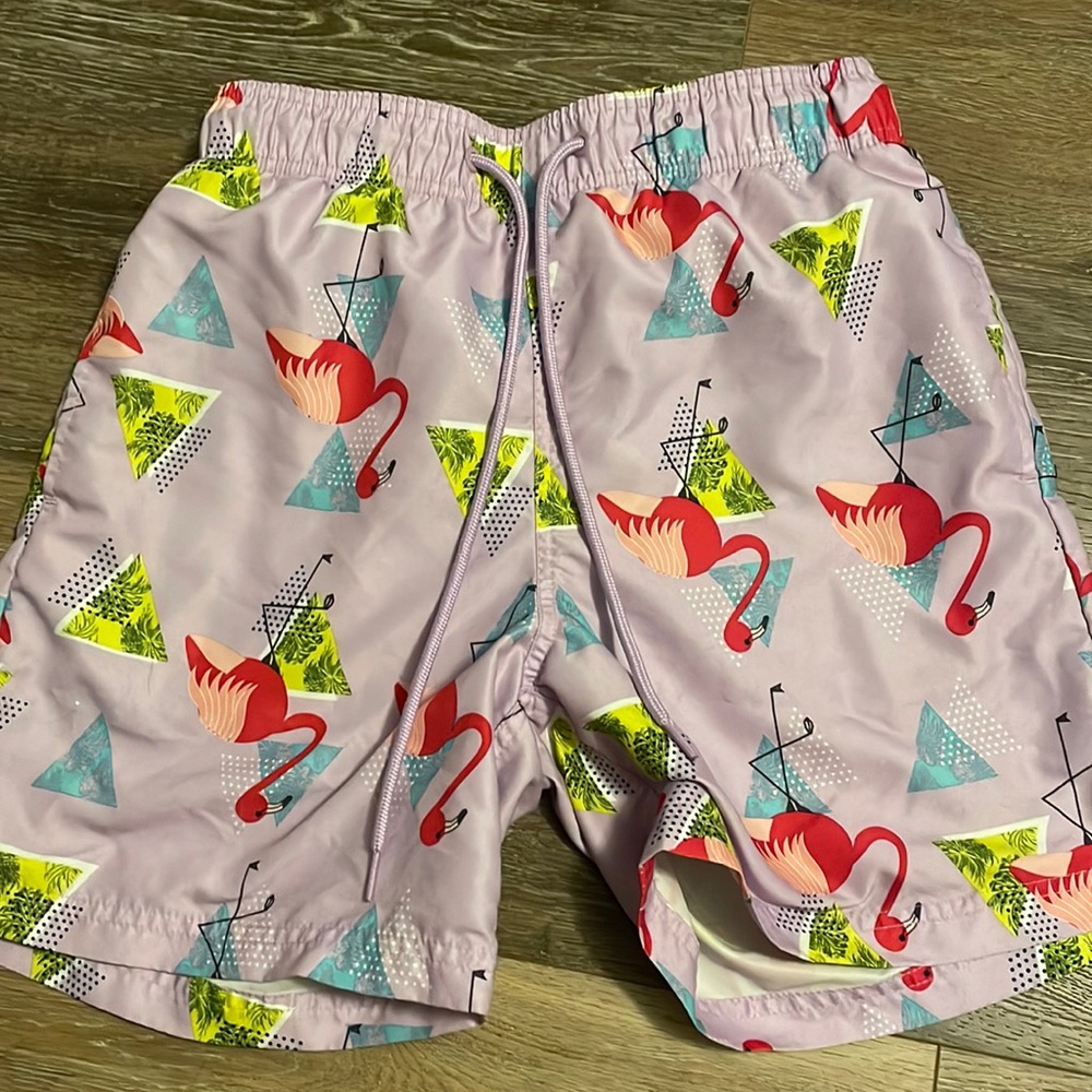 Mens lavender flamingo swim trunks